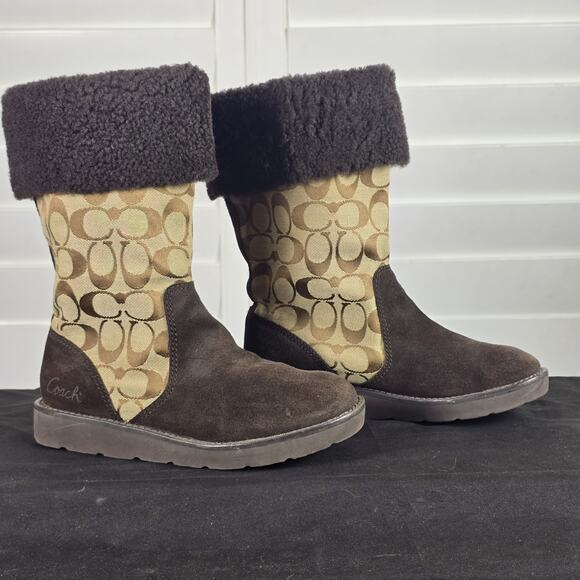COACH KALLY SIGNATURE KHAKI CHESTNUT BOOTS 6 - Picture 1 of 9